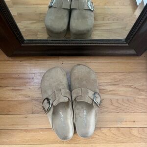 Tan Suede Clogs with Buckle
